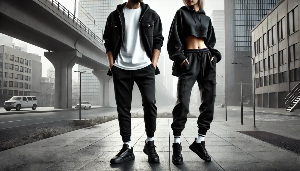Black Joggers Outfit Ideas for Men and Women Men and women dressed in black joggers wear casual and chic clothes.