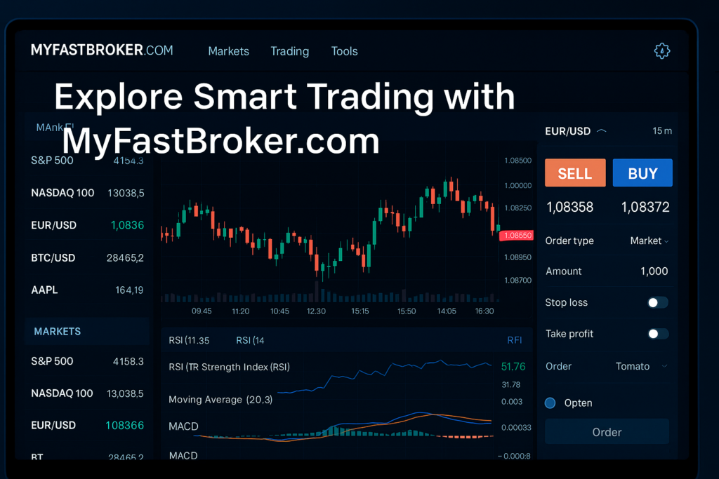 Explore Smart Trading with MyFastBroker.com Today Digital interface of MyFastBroker.com with trading charts and buttons