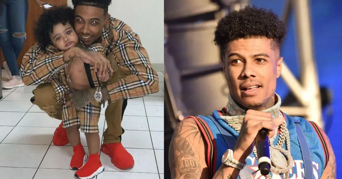 Blueface posing with his son Javaughn J. Porter in matching outfits, alongside a performance photo of the rapper holding a microphone.