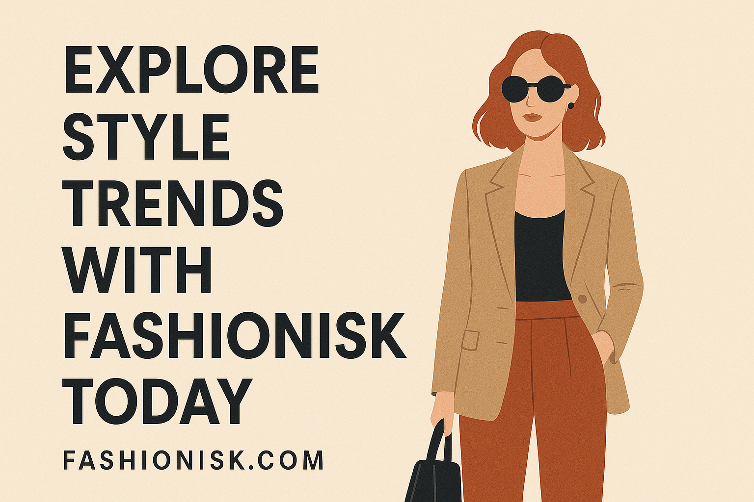 Stylish woman in modern outfit promoting Fashionisk.com fashion trends