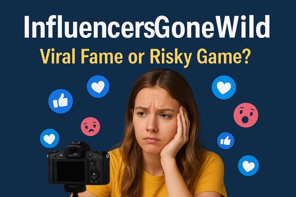 A young influencer looks concerned while filming herself, surrounded by social media reaction icons like likes, hearts, and shocked faces.