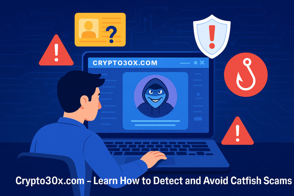 Watch Out for Crypto30x.com Catfish An online crypto trader facing catfish scams on Crypto30x.com with warning symbols and digital identity alerts.