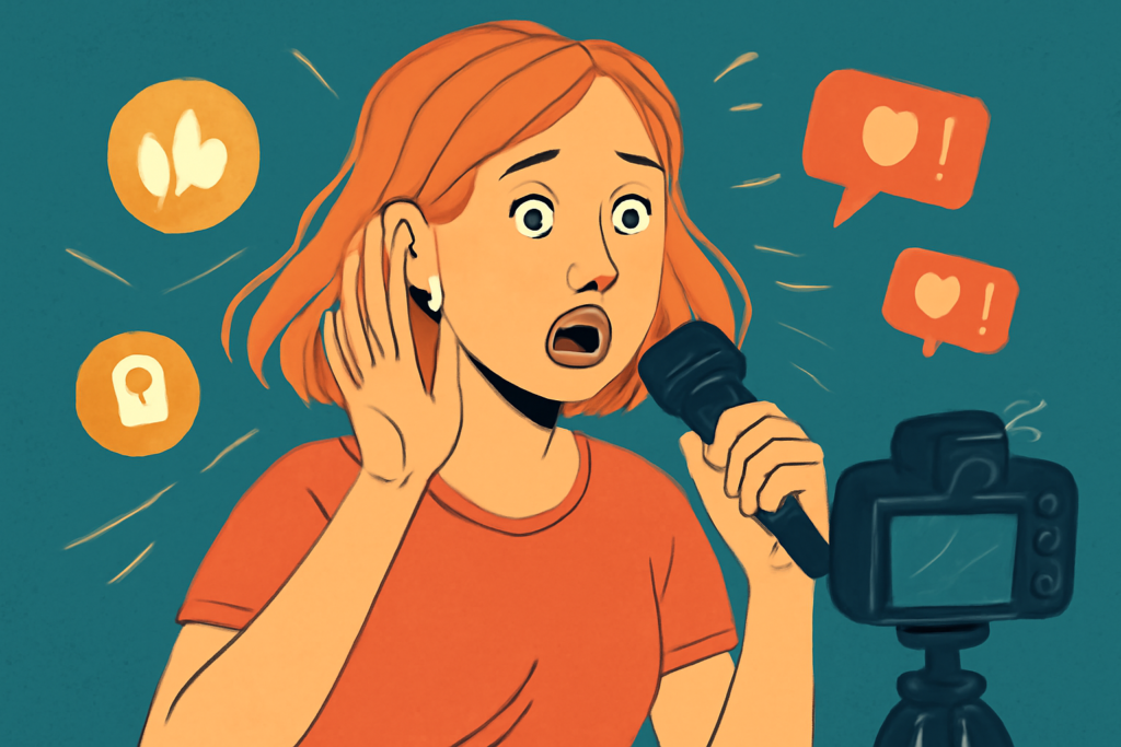 A shocked influencer speaking into a microphone with social media icons and notifications around