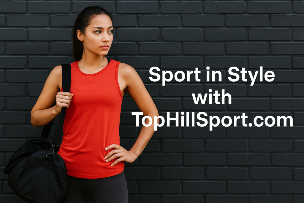 A sporty woman in stylish gym wear poses confidently with a gym bag in front of a dark brick wall.
