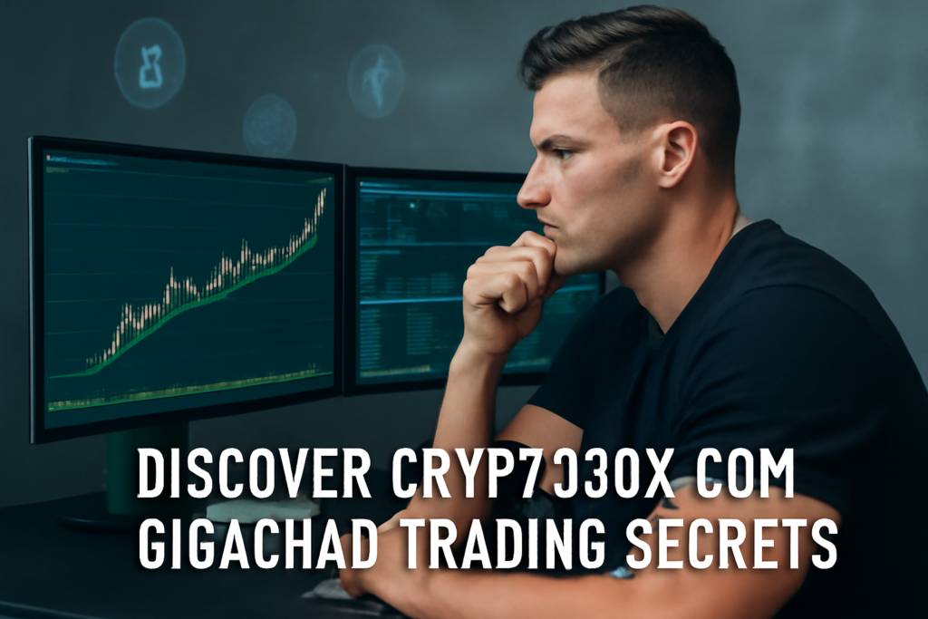 A confident trader analyzing cryptocurrency charts on multiple screens with a digital graph overlay and futuristic crypto icons.