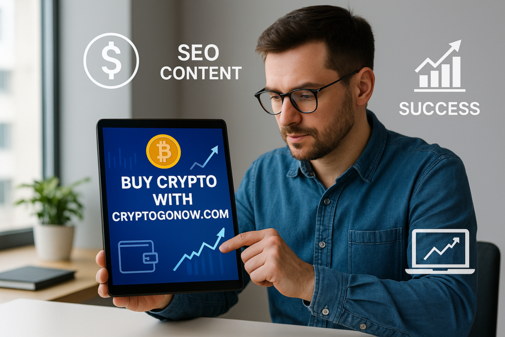 Man using tablet with “Buy Crypto with Cryptogonow.com” display