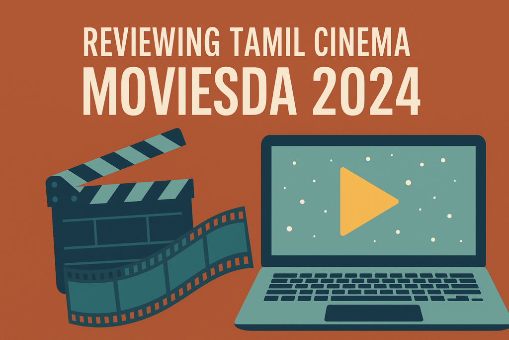 Reviewing Tamil Cinema Moviesda 2024 A laptop screen with a play button and a film clapperboard representing Moviesda 2024's role in streaming Tamil cinema