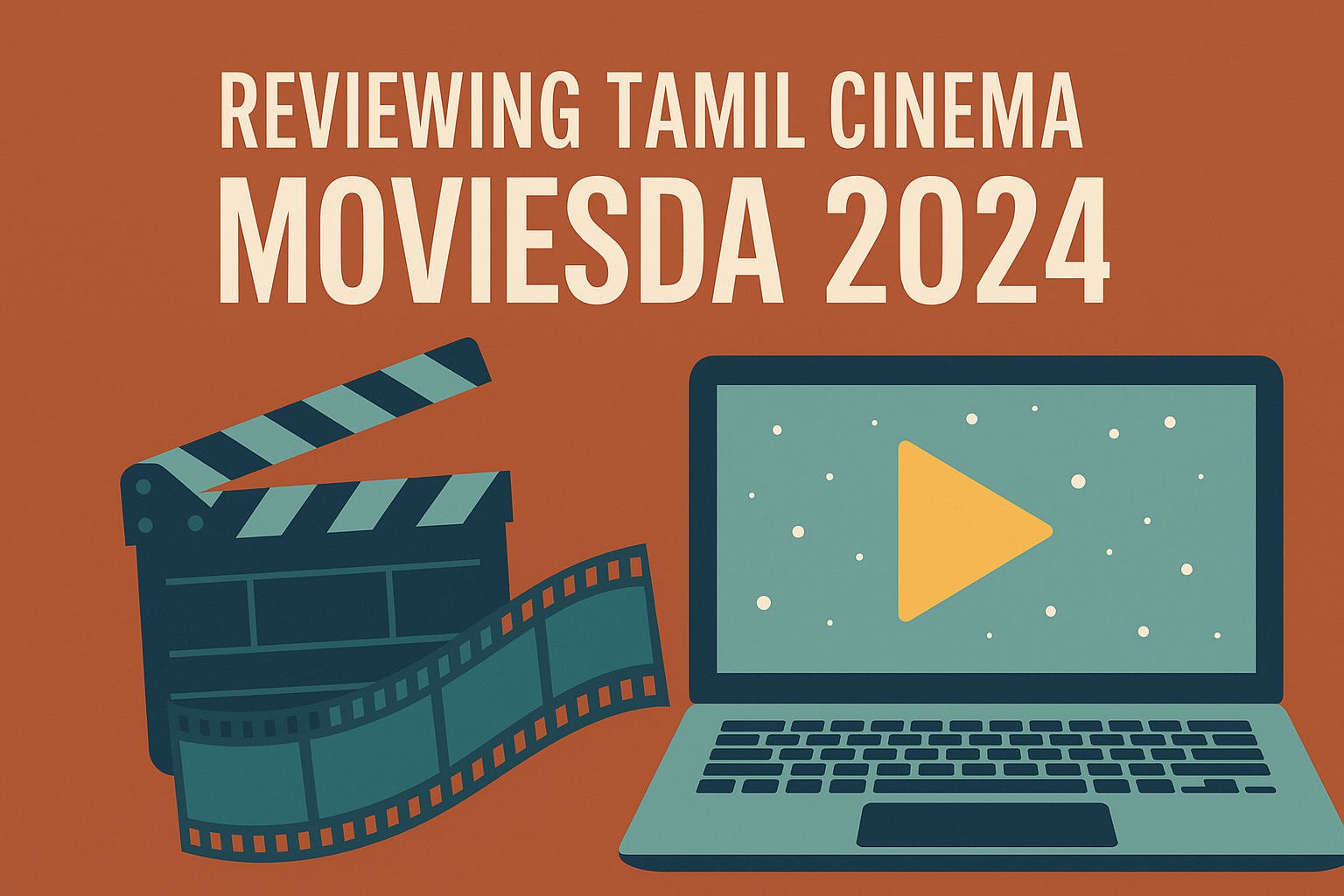 A laptop screen with a play button and a film clapperboard representing Moviesda 2024's role in streaming Tamil cinema