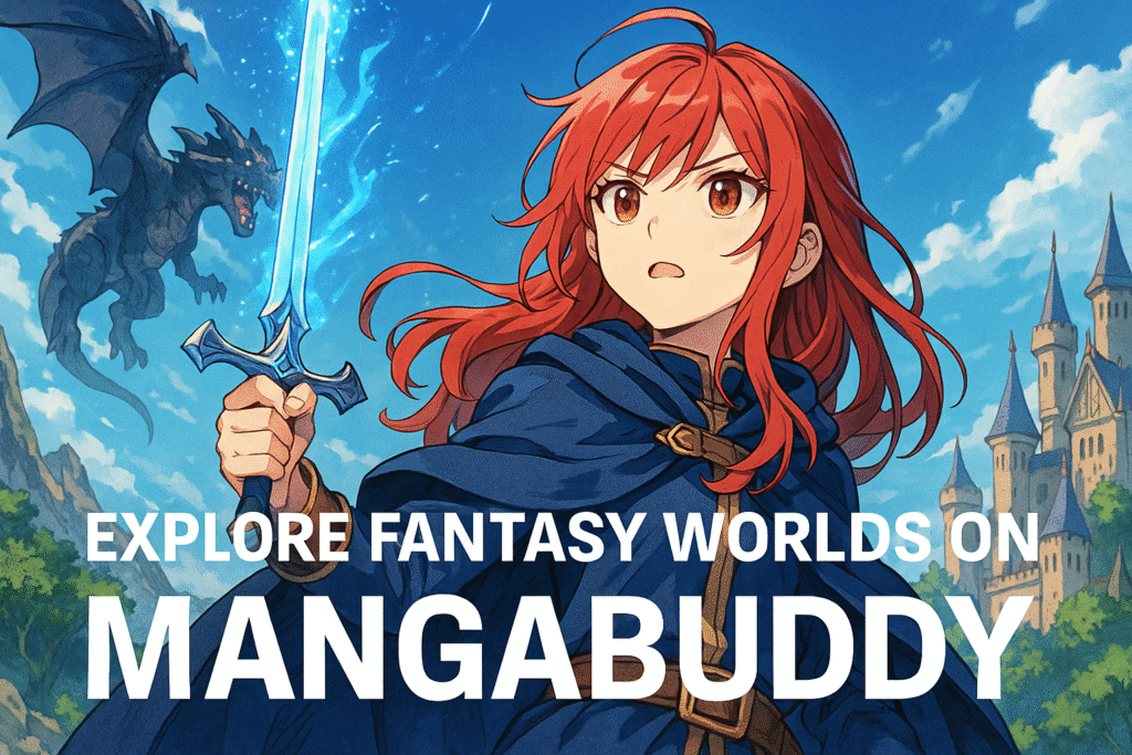 Explore Fantasy Worlds on Mangabuddy Anime girl with red hair wielding a glowing sword, with a dragon and castle in the fantasy-themed background promoting Mangabuddy
