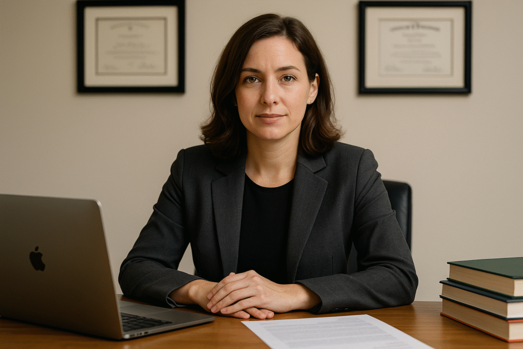 The Real Story of Kerri Eisenberg Kerri Eisenberg seated at a desk with a laptop and books in a formal setting