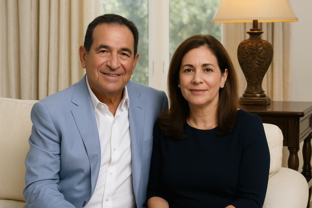 Inside the Life of Itzhak Ezratti Beloved Wife A smiling middle-aged couple sitting together on a beige sofa in a cozy living room