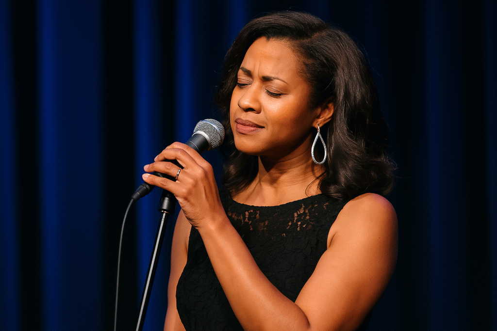 African American jazz singer performing emotionally on stage