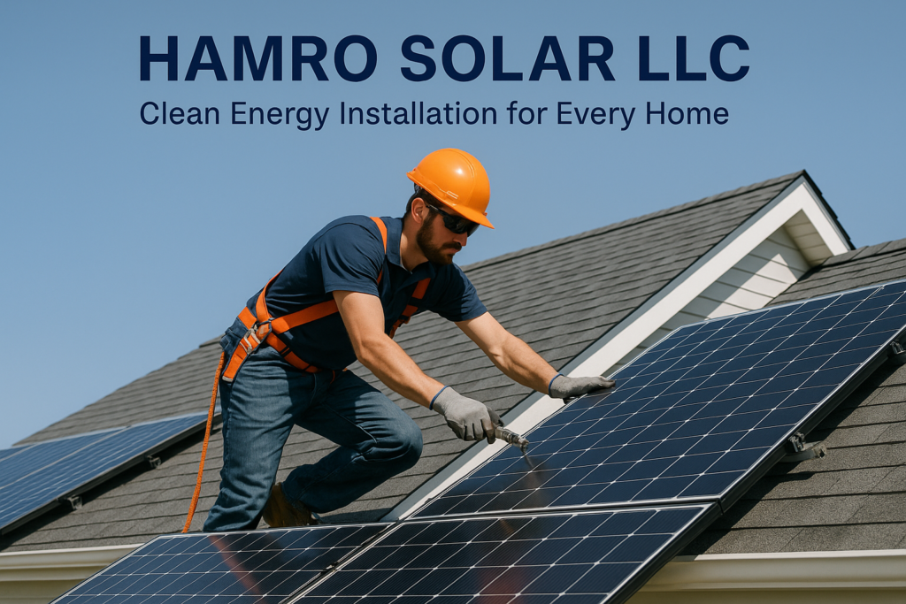 Hamro Solar LLC: Clean Energy for Every Home Technician installing solar panels for Hamro Solar LLC on a residential roof under a clear sky.