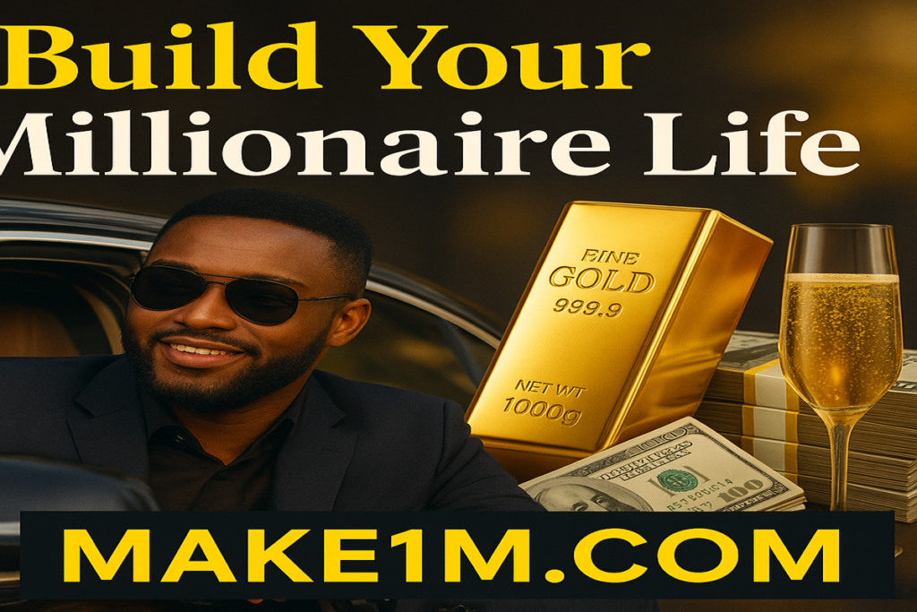 Build Your Millionaire Life on Make1M.com Aspiring entrepreneurs building a digital business using Make1M.com with success icons and financial growth visuals.