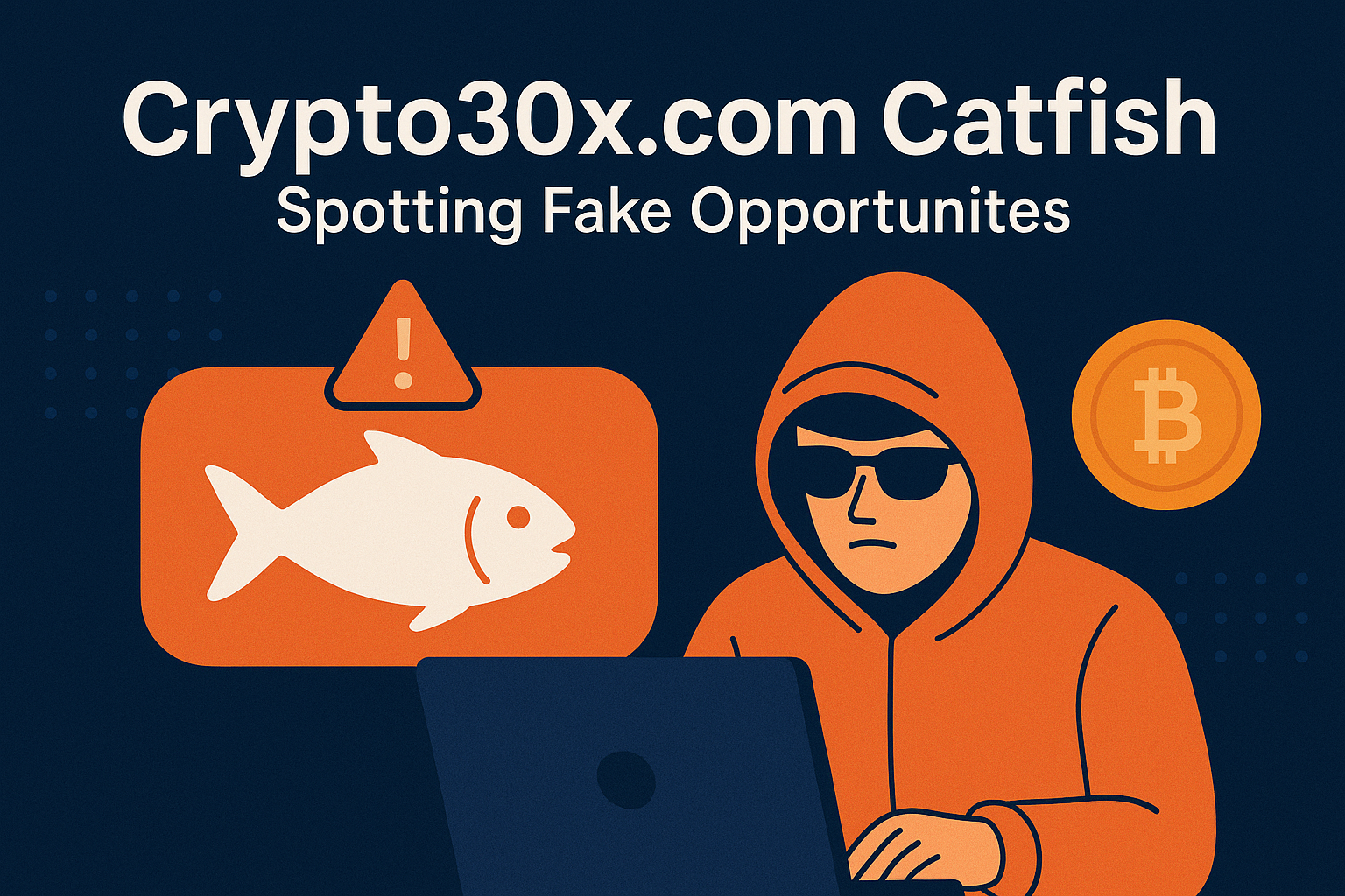 Hooded scammer with Bitcoin symbols and catfish alert icons