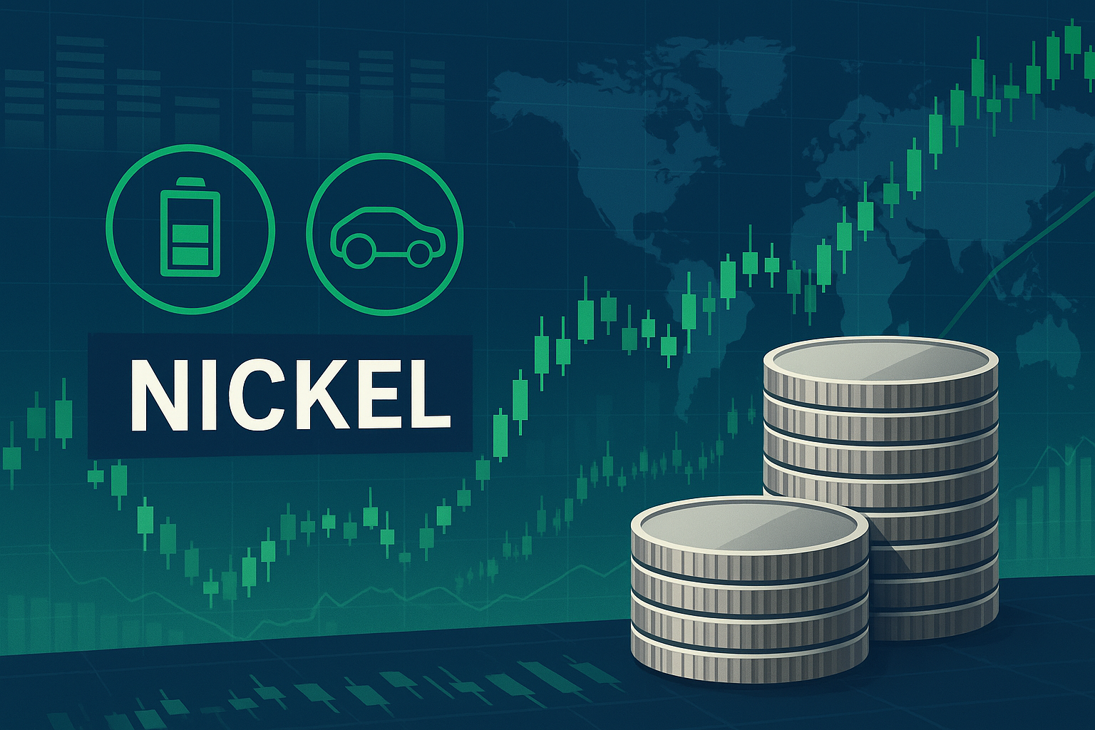 Illustration of nickel coins with financial chart and green energy icons
