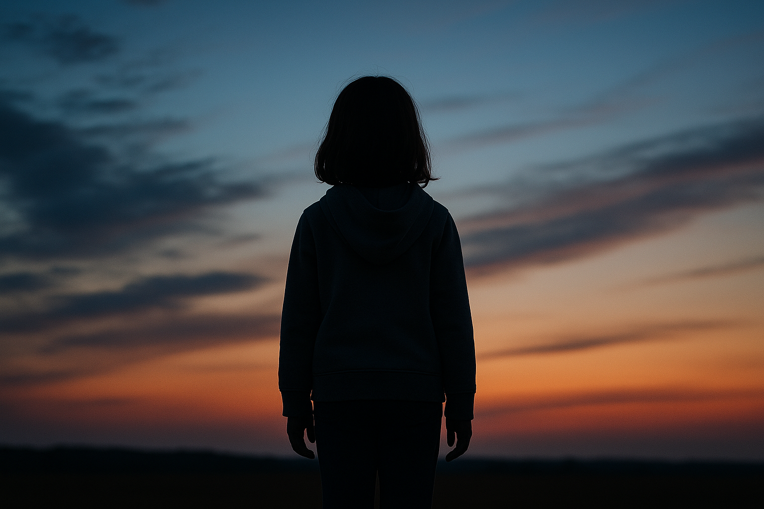 Silhouette of a young girl looking at a sunset sky, symbolizing strength and hope.