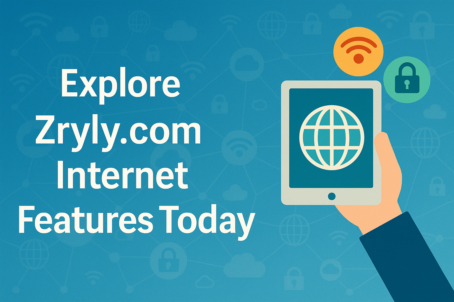 Promotional banner for Zryly.com Internet with digital icons