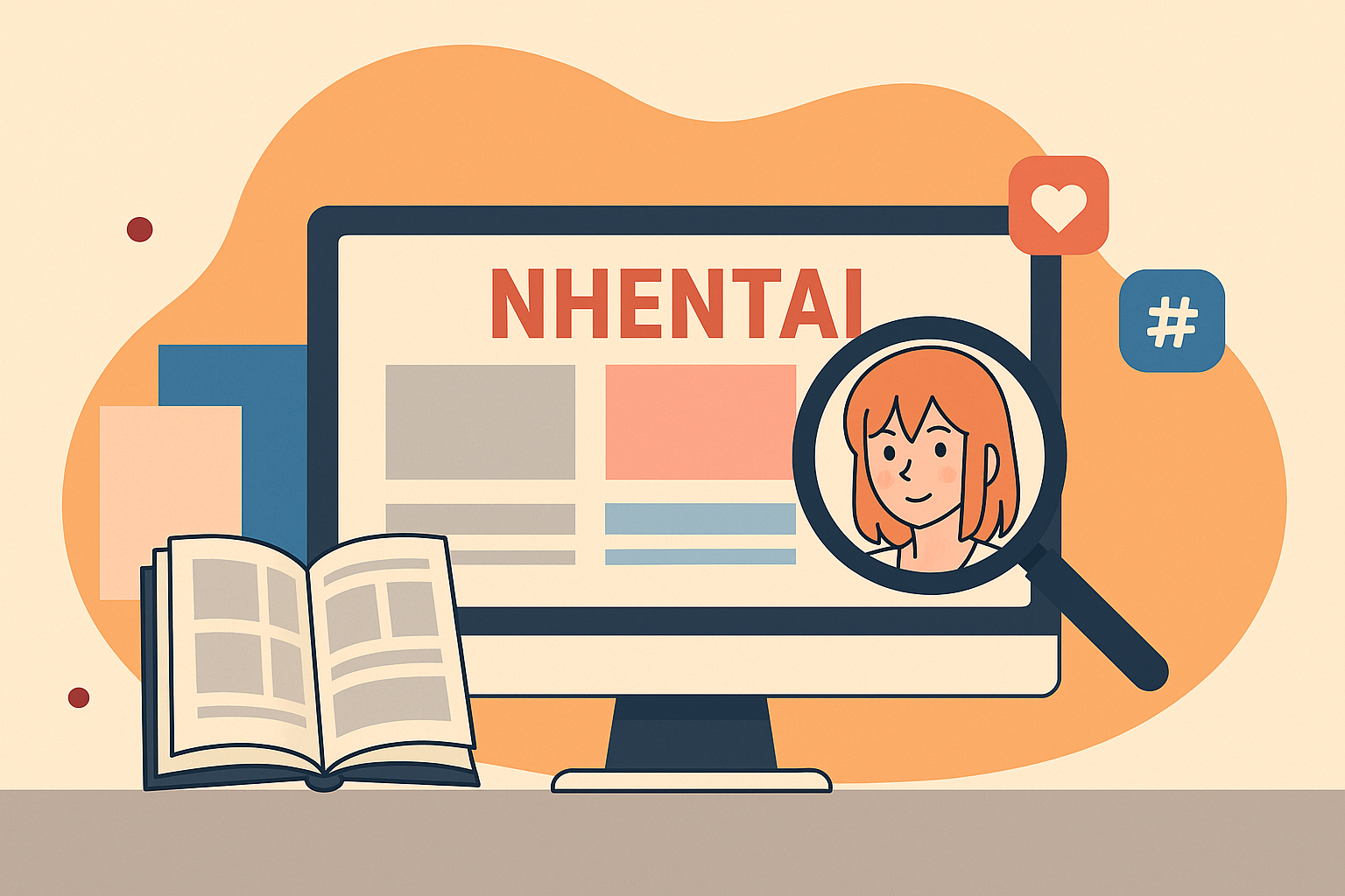 Flat illustration of NHentai.net homepage with anime character and open manga