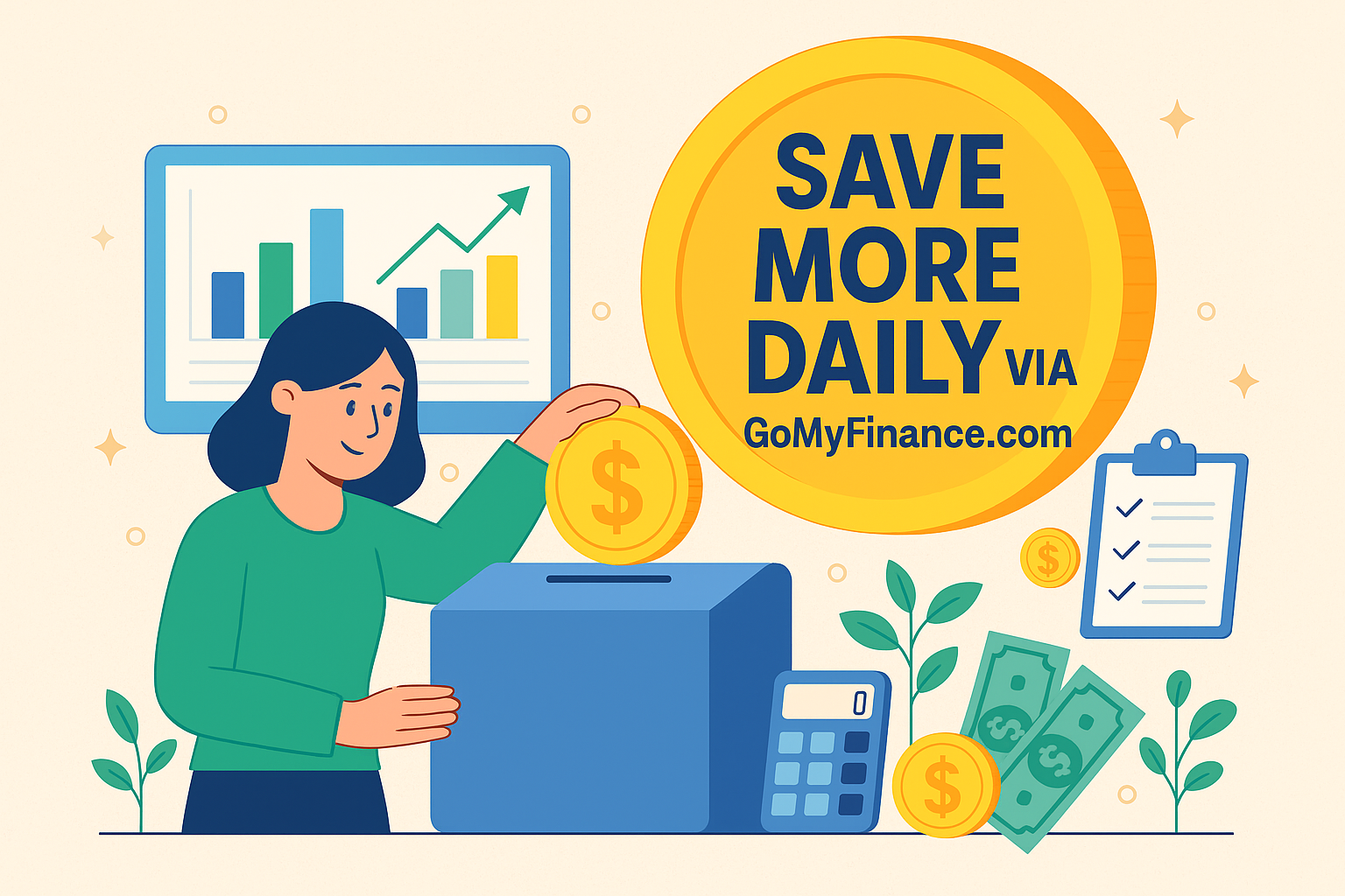 Woman saving money into a piggy bank with charts and digital finance tools.