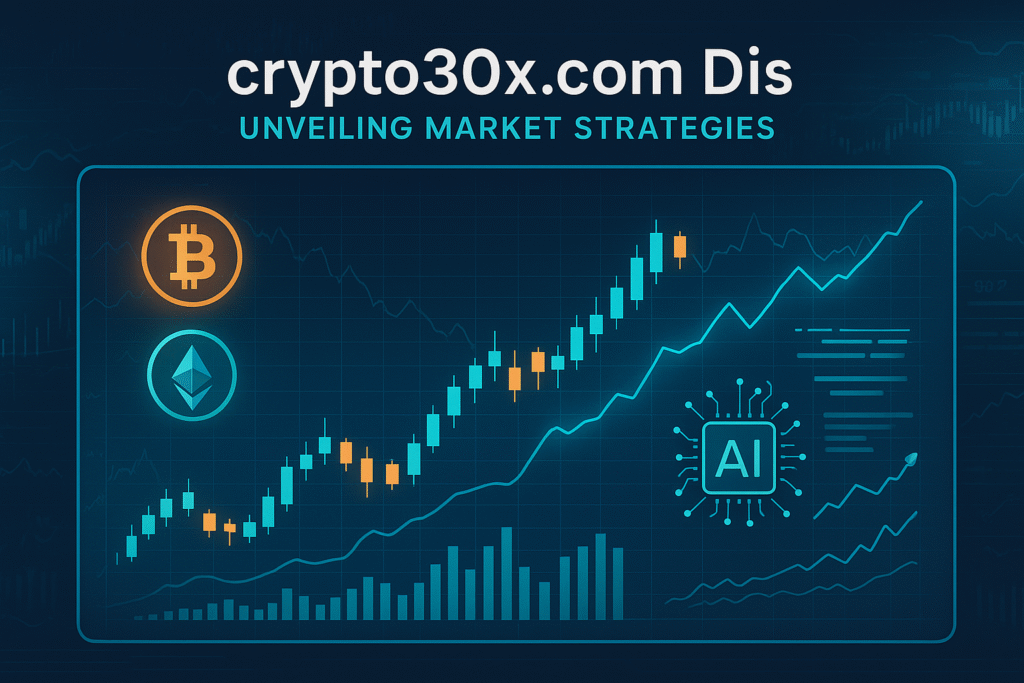 crypto30x.com Dis: Unveiling Market Strategies Digital dashboard showing crypto charts, Bitcoin and Ethereum icons, and AI integration