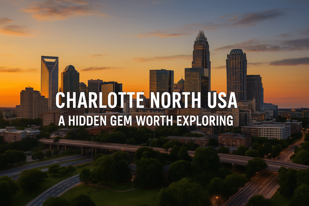 A panoramic sunset view of Charlotte North USA skyline