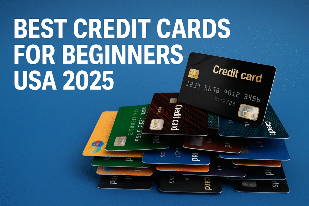 Best Credit Cards for Beginners USA 2025 Stack of colorful beginner credit cards in the USA 2025, arranged on a blue background with bold text headline.
