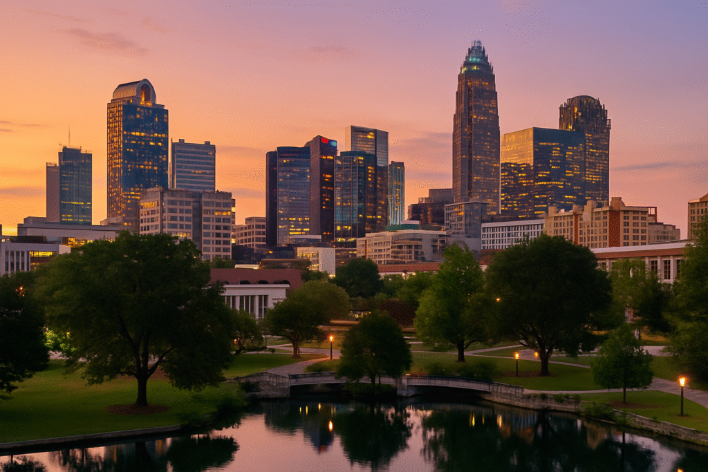 Charlotte North USA Travel Guide Aerial view of Charlotte North USA skyline at sunset with city buildings, trees, and a calm pond in the foreground.