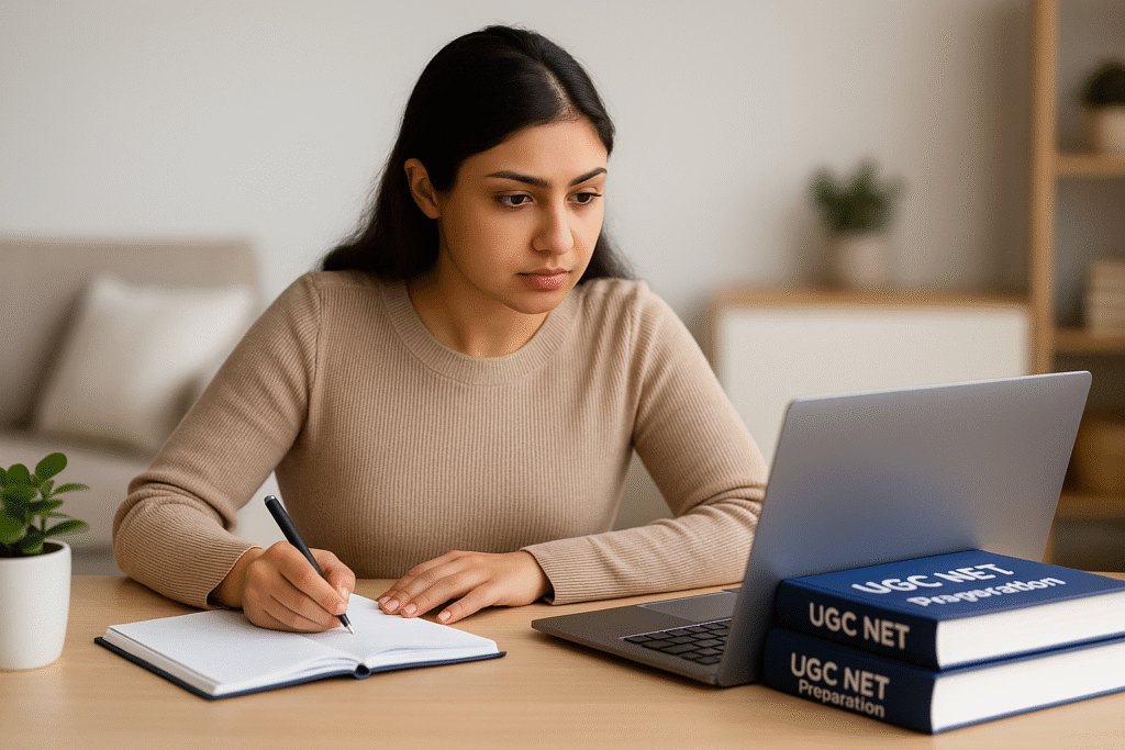 UGC NET Explained: Your Guide to Qualification & Career Benefits Young woman studying online for UGC NET exam with preparation books.