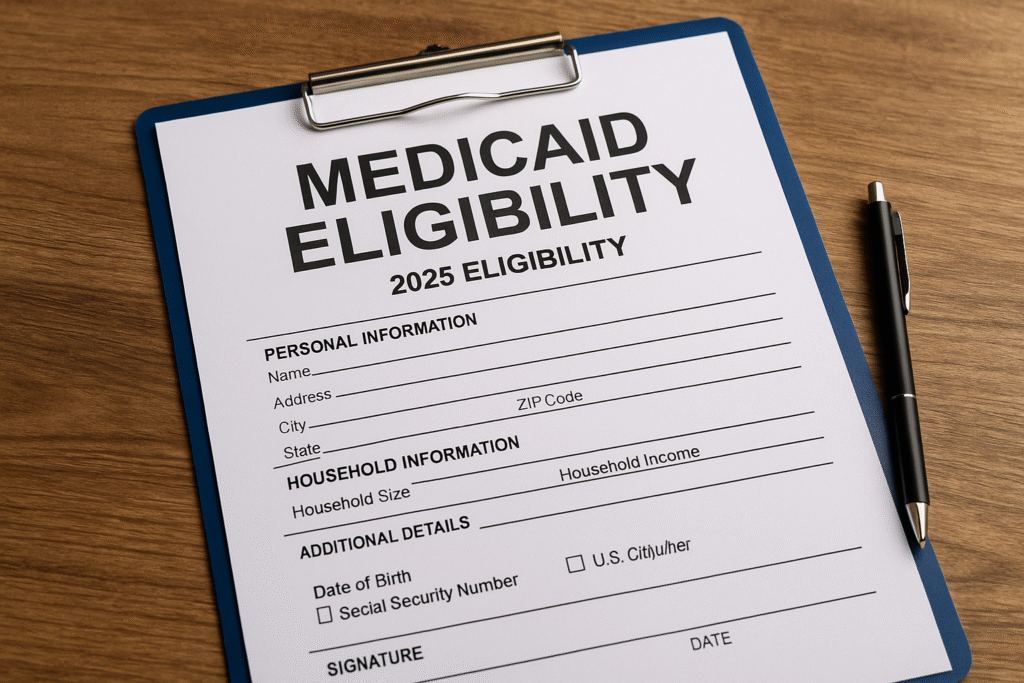 Medicaid eligibility form 2025 on a clipboard with pen