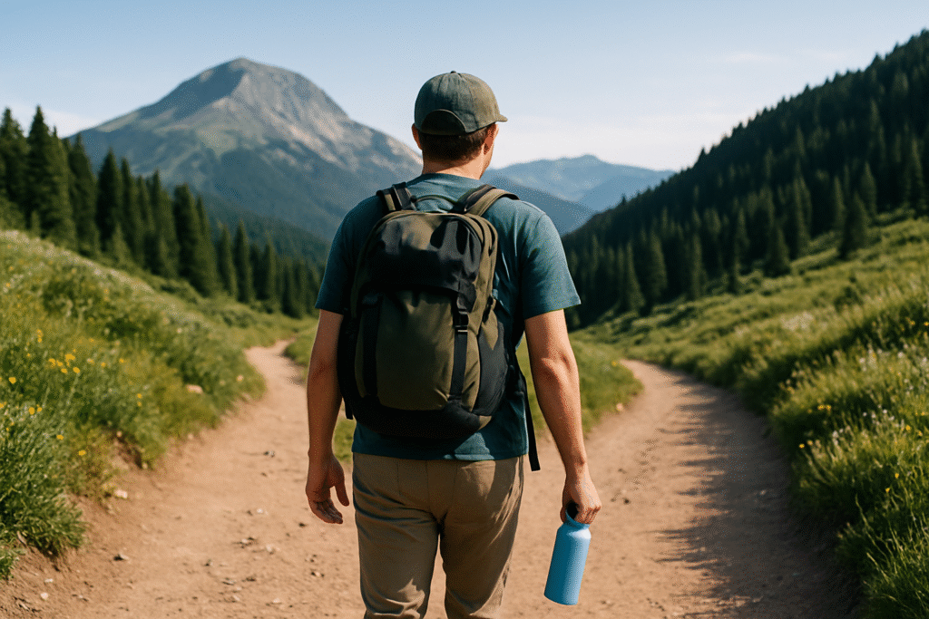 Sustainable Travel Made Easy: Explore the World Responsibly Traveler walking on a mountain trail carrying a backpack and reusable water bottle, representing sustainable travel.