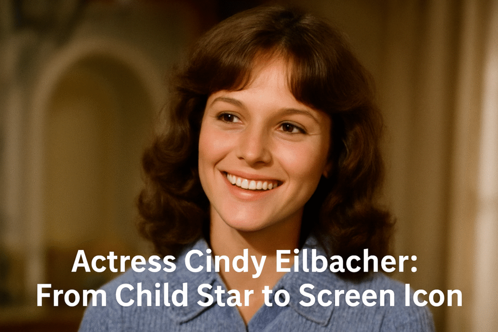 Actress Cindy Eilbacher wears a light blue sweater, smiling warmly in a vintage TV scene.