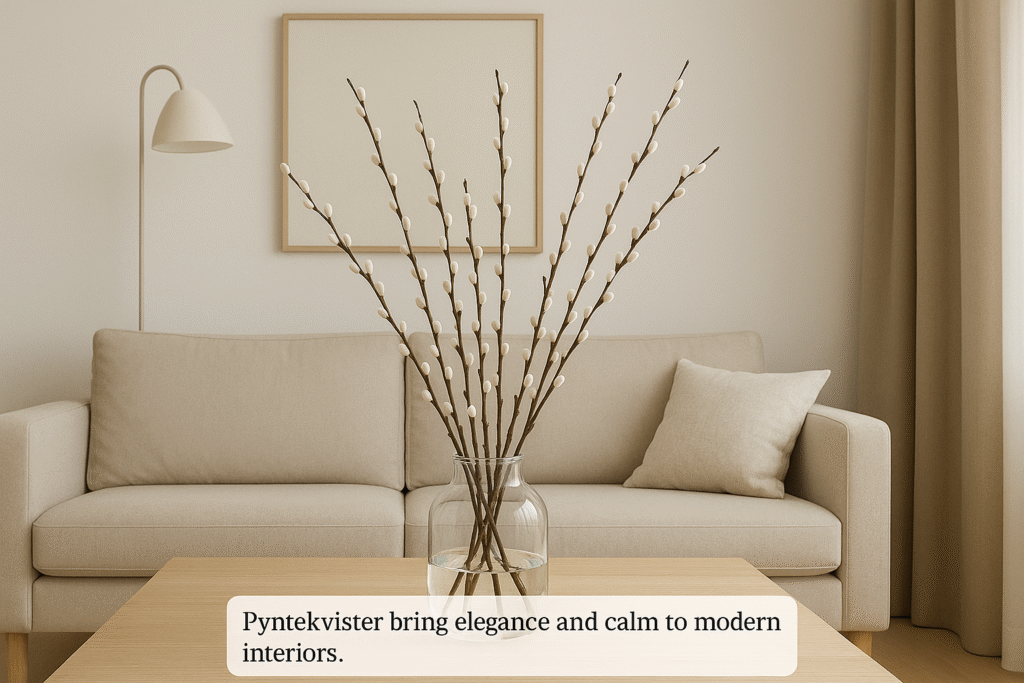 Minimalist living room with pyntekvister twigs in a glass vase on wooden table