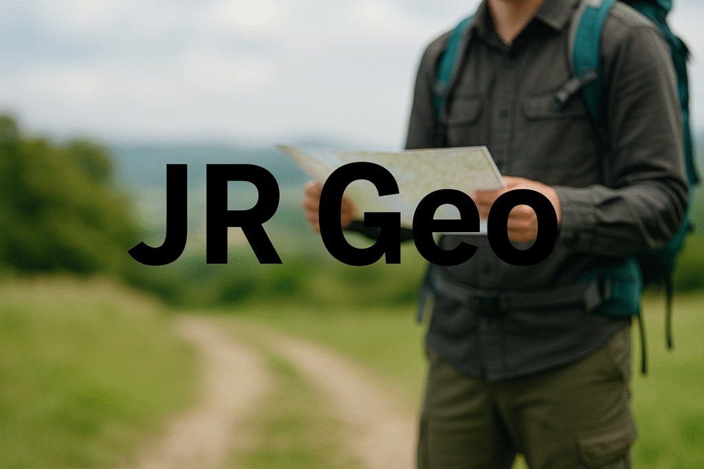 JR Geo: Your Complete Guide to Smart Mapping Tools JR Geo text over a hiker holding a map on a trail.